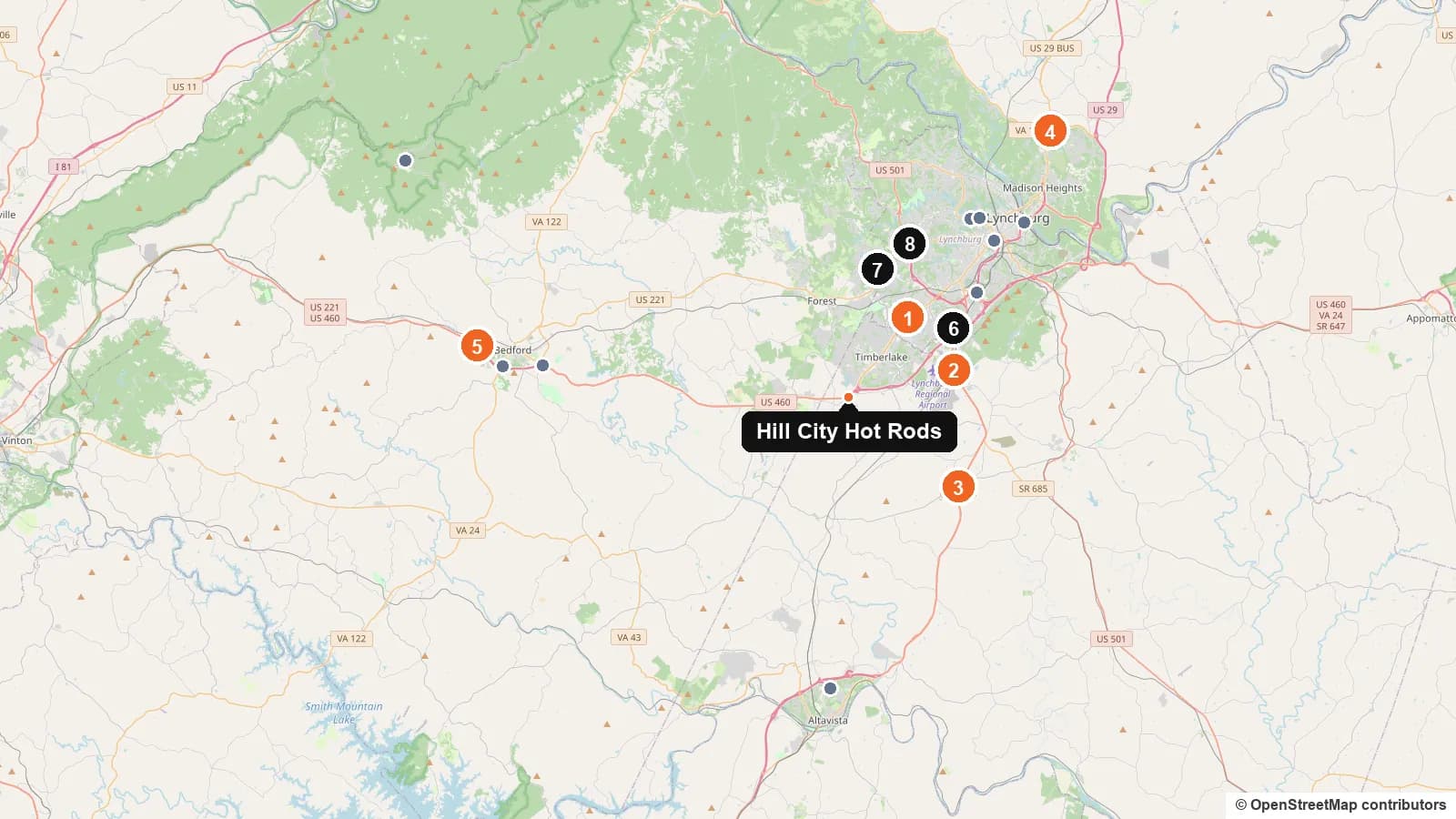 Map of public EV chargers around Hill City Hot Rods: numbered Tesla Superchargers and other fast chargers, matching the list below